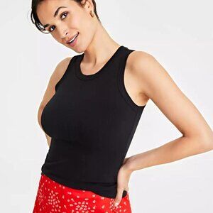 Black Ribbed High-Neck Tank Top – Size M – Created for Macy’s